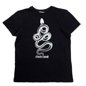 ROBERTO CAVALLI 90s Snake Print Logo Short Sleeve Crew TShirt Black Medium Y2k